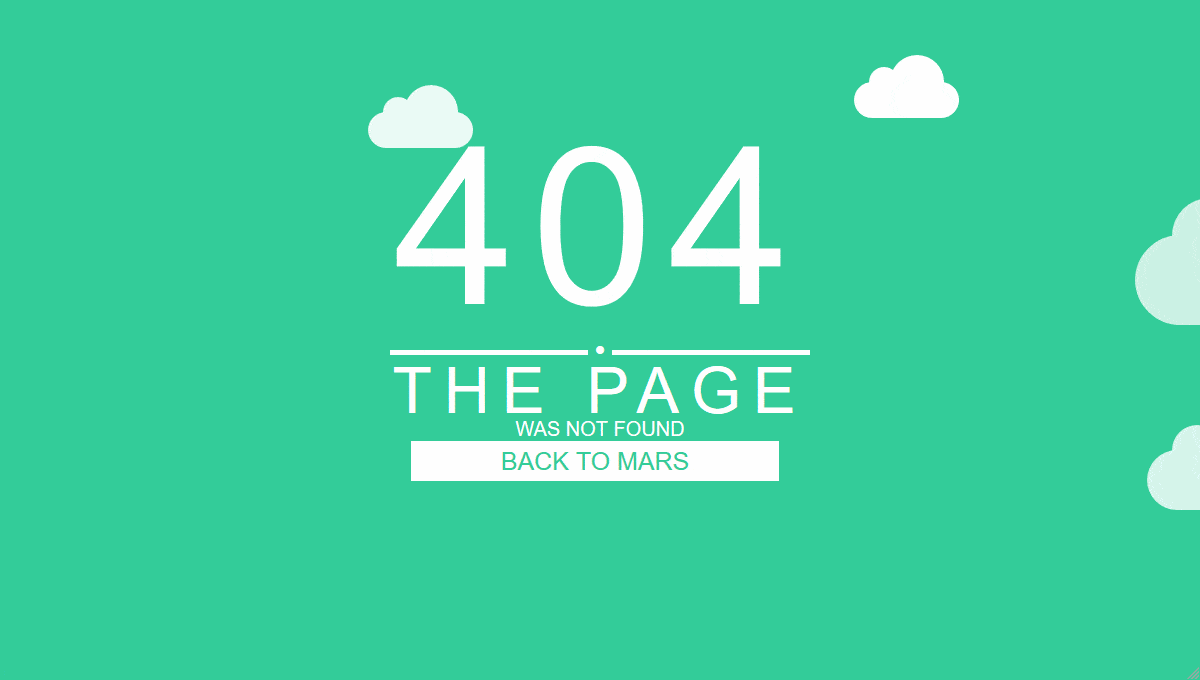An error page with a teal background displaying a large white '404' and the text 'The Page Was Not Found' below. There are small white clouds scattered in the background and a button labeled 'Back to Mars'.