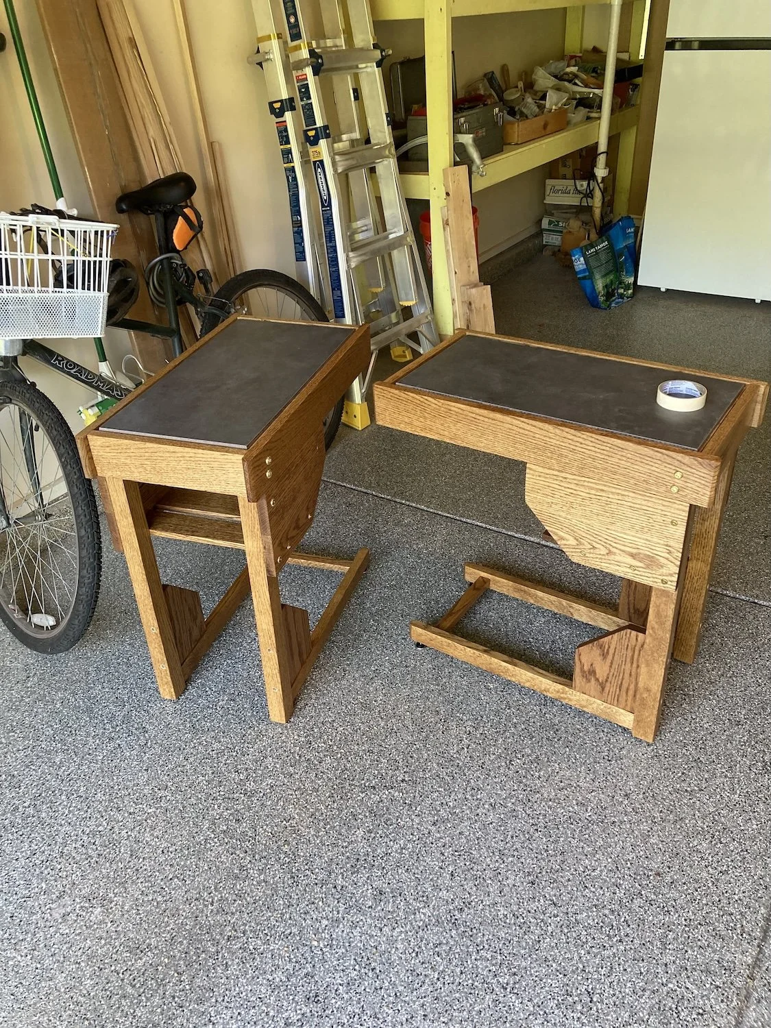 These are two cantilevered side tables just after the tiles were glued in place.
