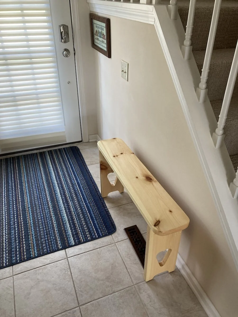 Simple pine bench for the entry at Sugar Berry