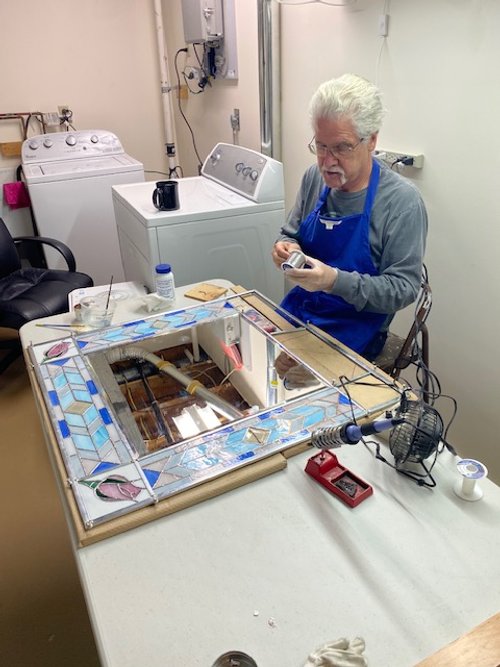 Here I am in the new "glass studio" assembling the large project.