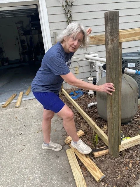 Roger had built lattice fences to mask the pool pump and well pump. On our 2026 spring trip we replaced the rotting lattice. Here Pam is helping with the framing around the pool pump.