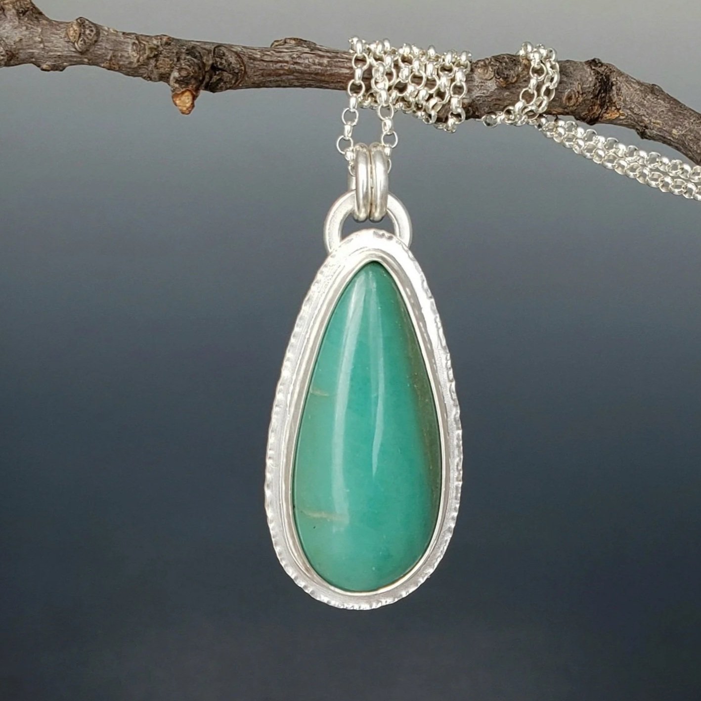 Blue Opalized Wood Necklace Pendant in Sterling Silver, Handmade Artisan Jewelry