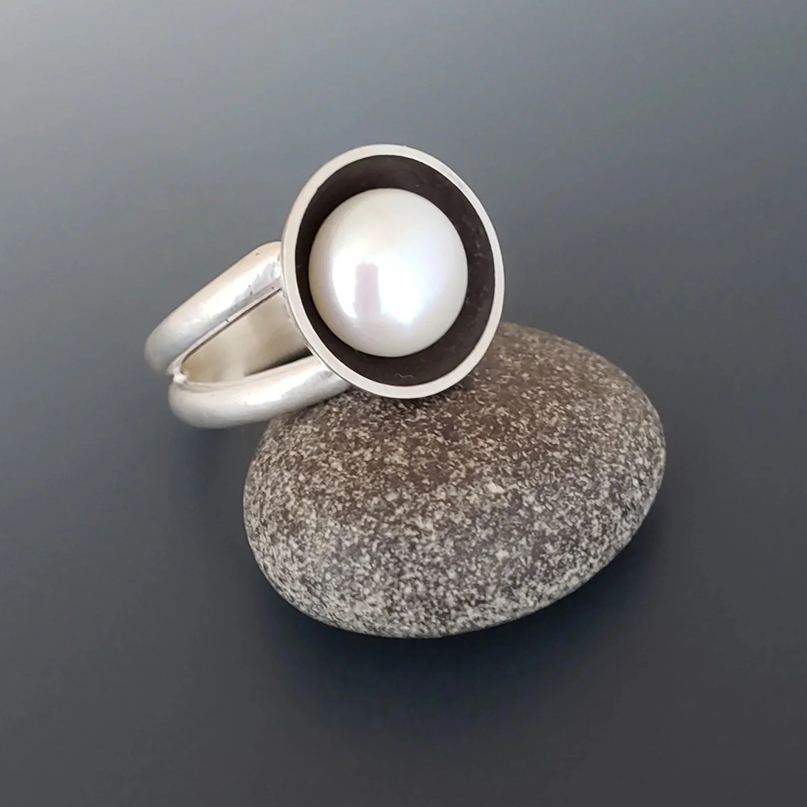 Modern Pearl Ring, Sterling Silver Artisan Jewelry