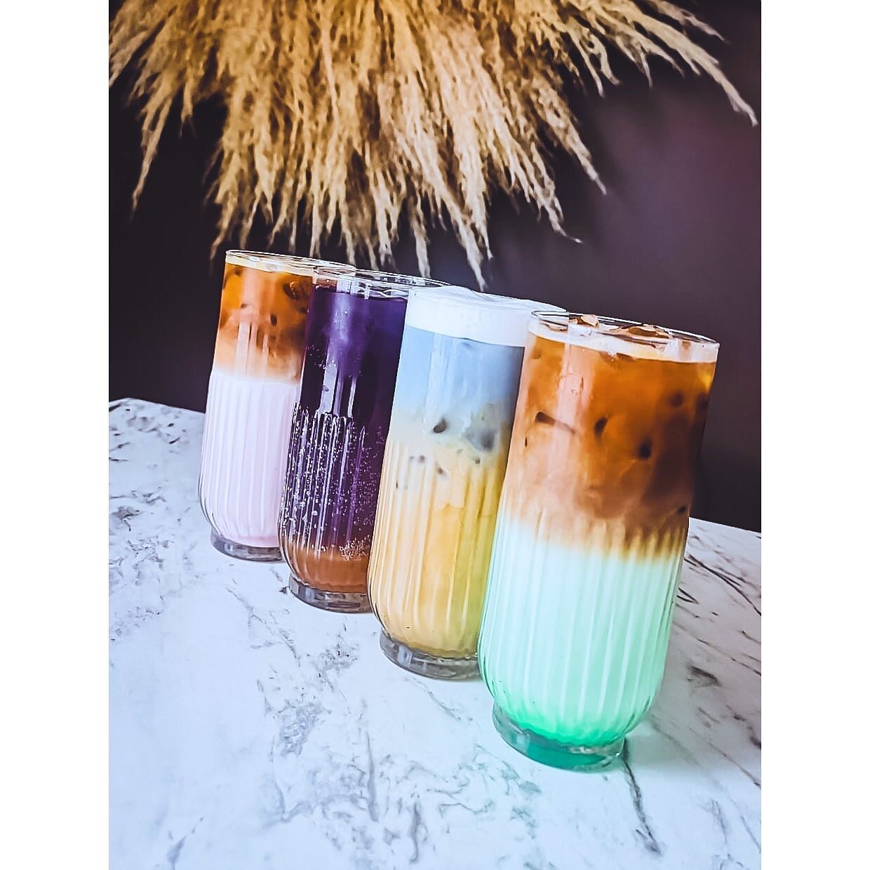 Rainbow drinks fit for summer days 
. 
White strawberry iced mocha 
Butterfly pea ade 
Vanilla blue sky latte
Pistachio iced latte