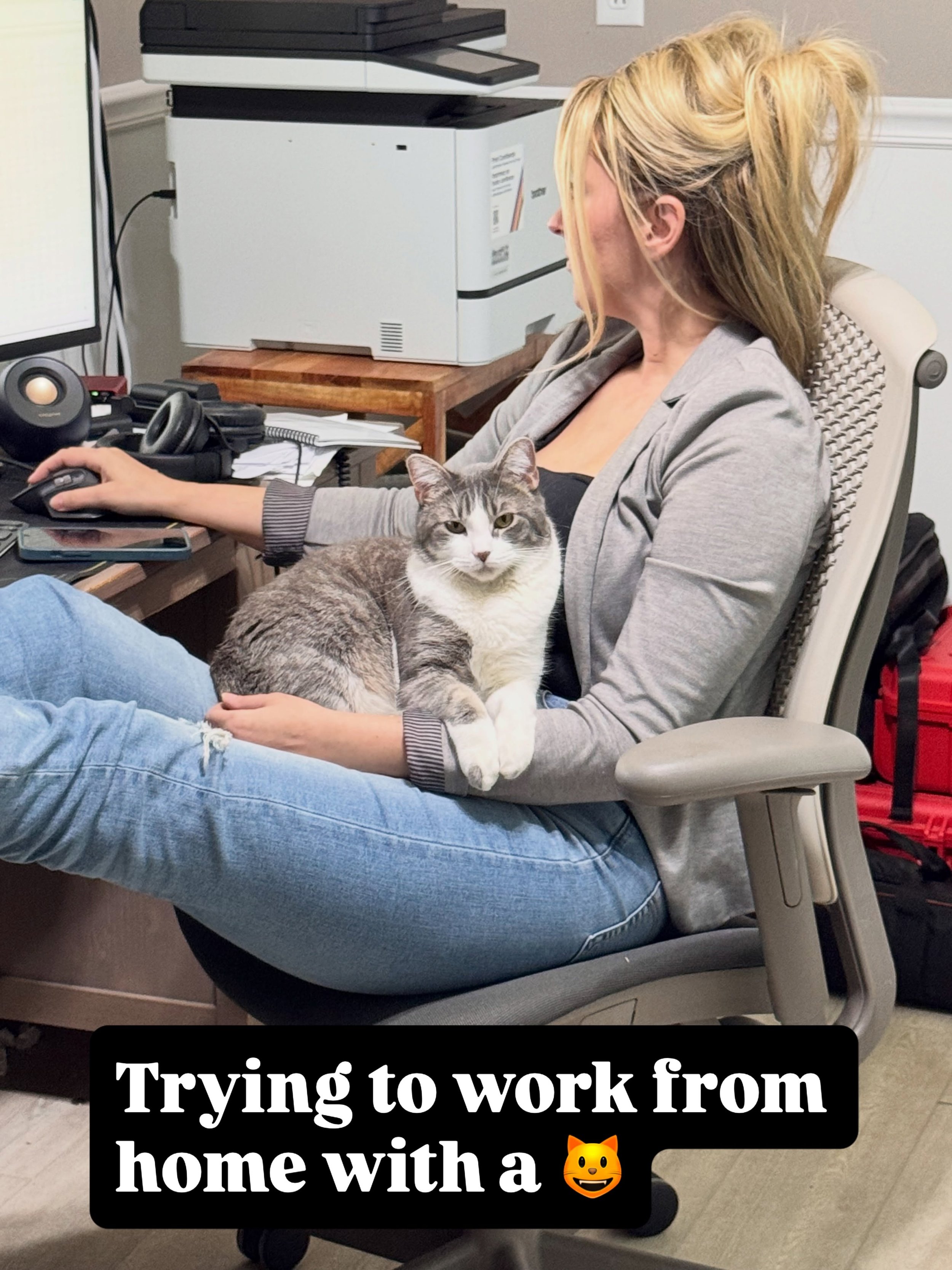 Whatever you&rsquo;re in the middle of, your cat sees a reason to be involved.
.
.
.
.
[remote work, cat parent, cats, work from home, home office, pets]