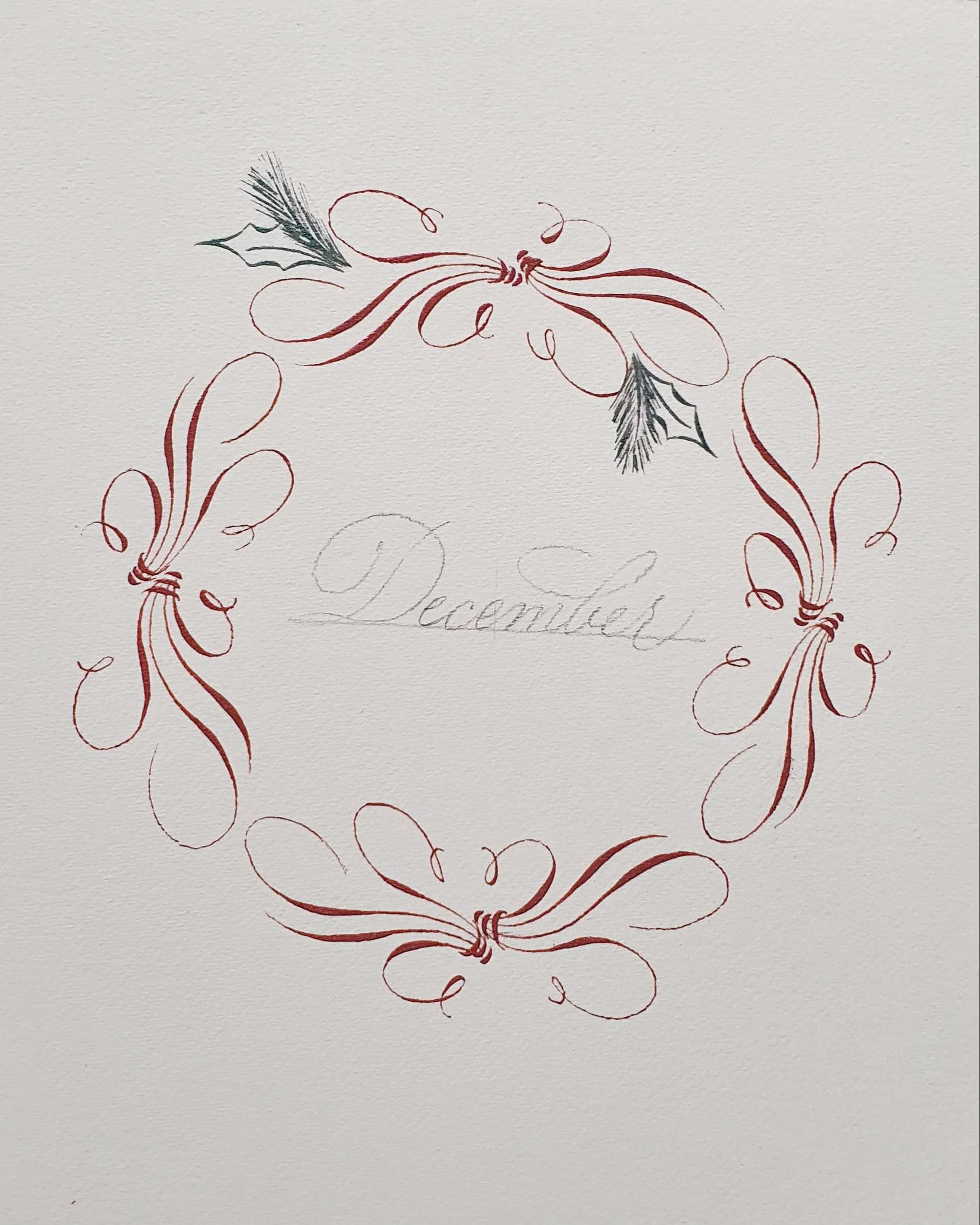 7. Now the fun begins. We’ll start adding embellishments in the negative spaces(pine or holly leaves, berries, dots, wheat, small branches etc.) the choices are endless.