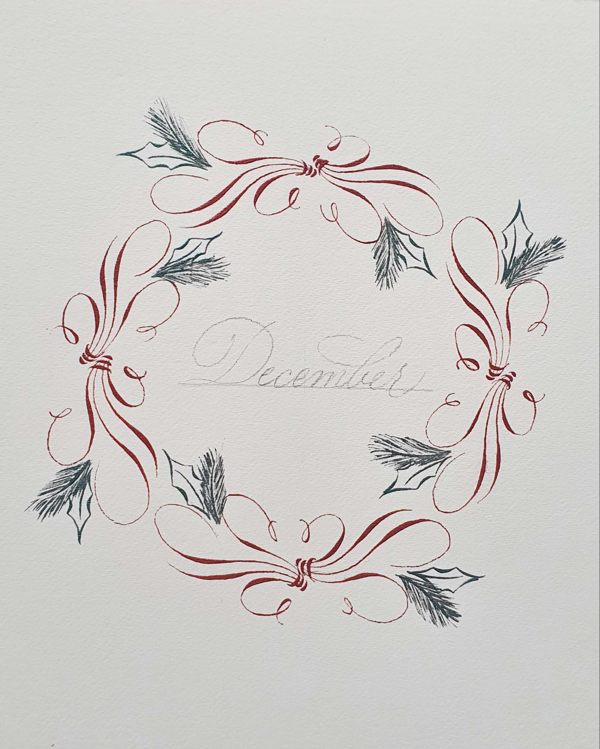 8. I always start with the larger embellishments like leaves or bigger branches. Add a set of leaves across the wreath. The green ink is also from the Coliro range.