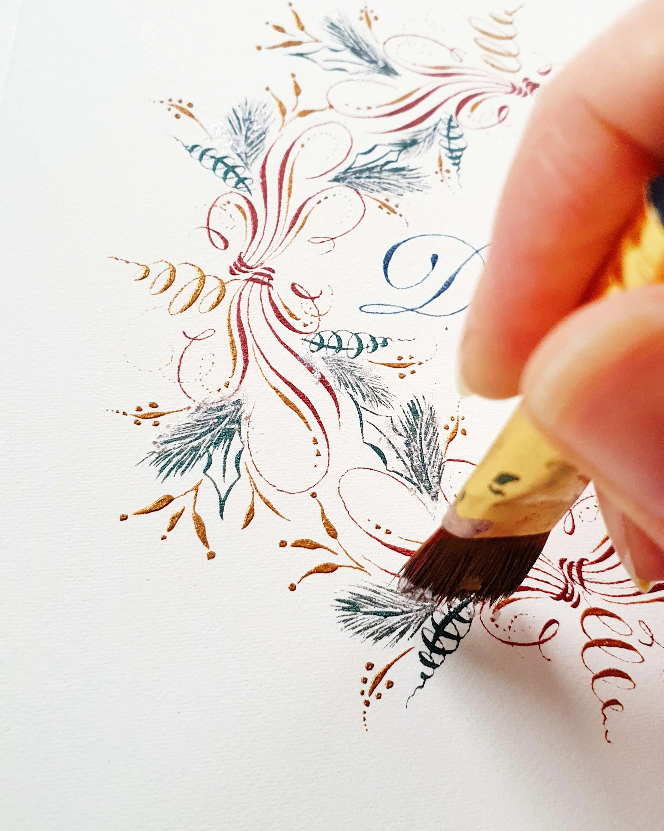 13. Now, my favourite embellishment - adding a snow effect. I used a straight big brush, quite firm and the ink colour for the snow is the ‘Stardust’ by Coliro. I find this particular colour very different from other regular colours. If never used i…