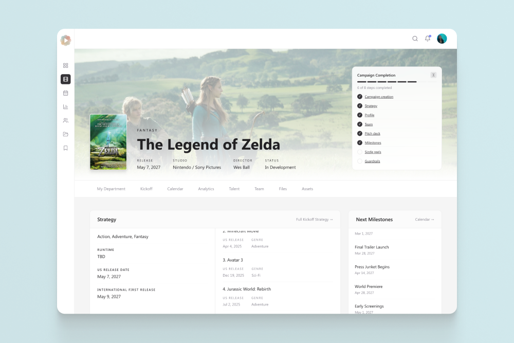A project management dashboard featuring details of the video game 'The Legend of Zelda', including release date, studio, director, and current development status, with a background image of a woman with a bow and arrow in a scenic outdoor setting.