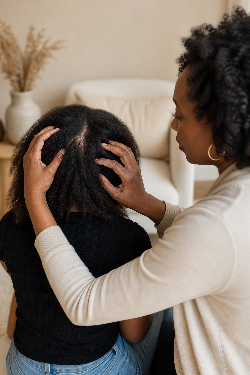 A Black mother gently parts her adolescent daughter's natural hair to observe the crown in a calm home setting