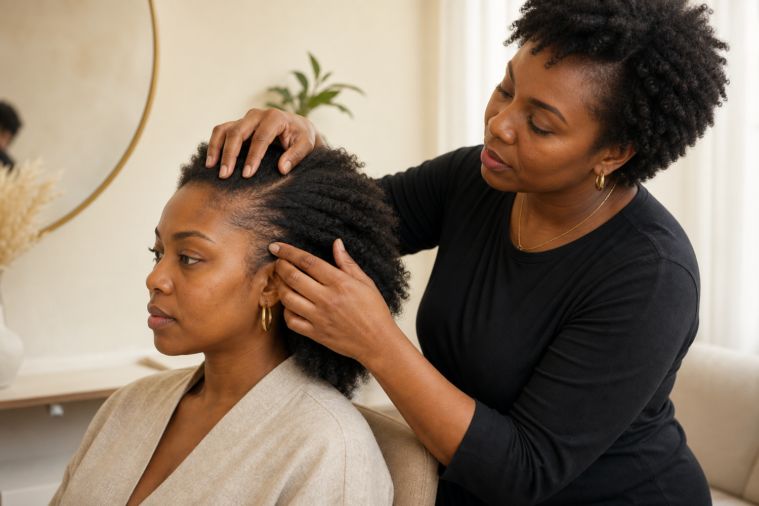 A Black hair professional gently examines an adult Black woman's temple and frontal hairline in a calm salon consultation