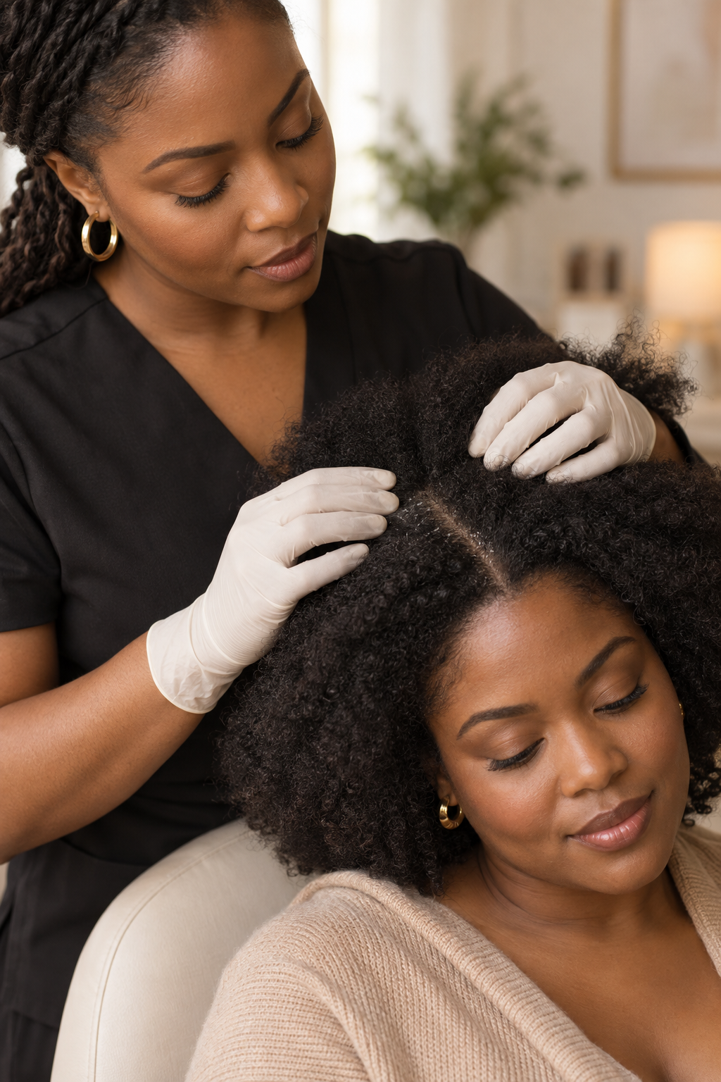 A Black scalp-care professional gently parts a client's natural hair during a calm consultation, with fine flakes visible along the part