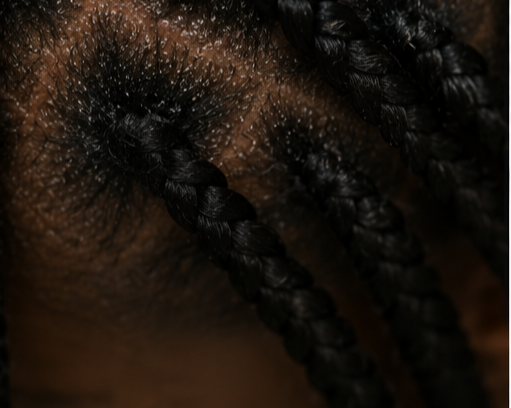 Close-up of black synthetic braids installed against the scalp