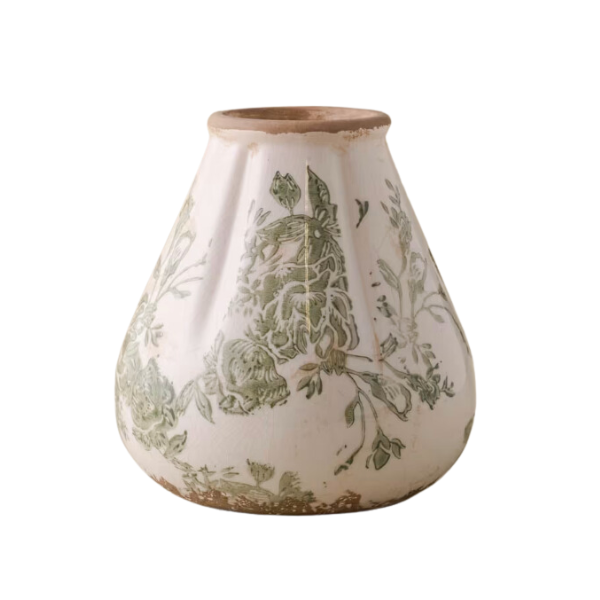 Fluted Green &amp; White Distressed Vase