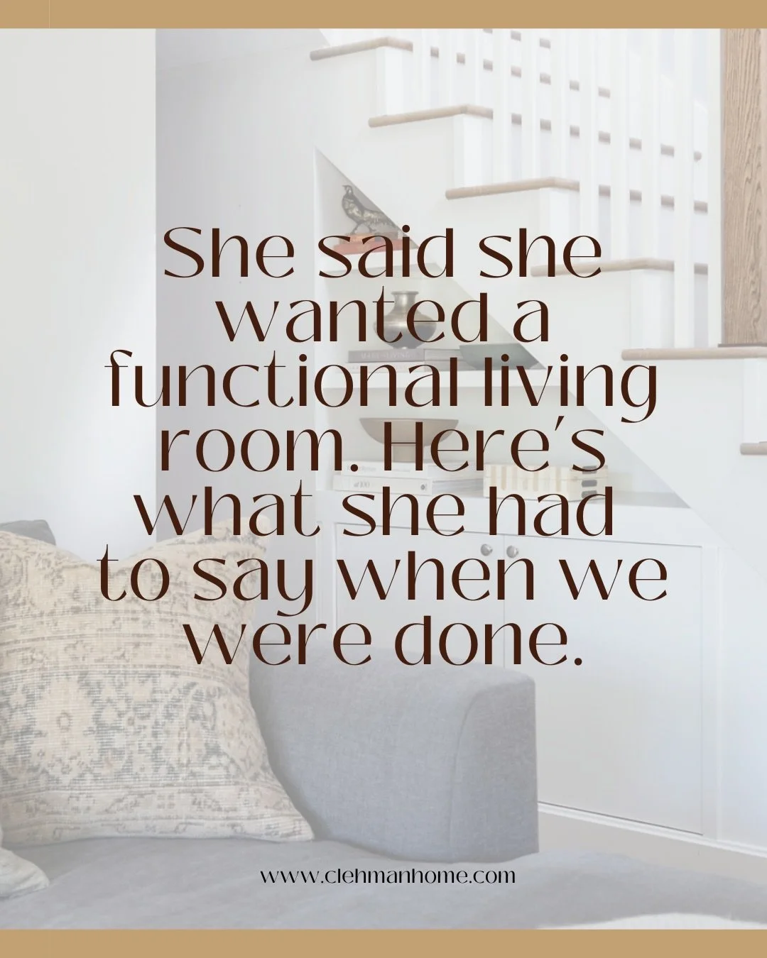 Client spotlight ✨

Rebecca came to me overwhelmed. She had a new home, an empty living room, and no idea where to start.

Through our e-design process, we:
&rarr; Created a layout that actually fits her family&rsquo;s lifestyle
&rarr; Sourced every 