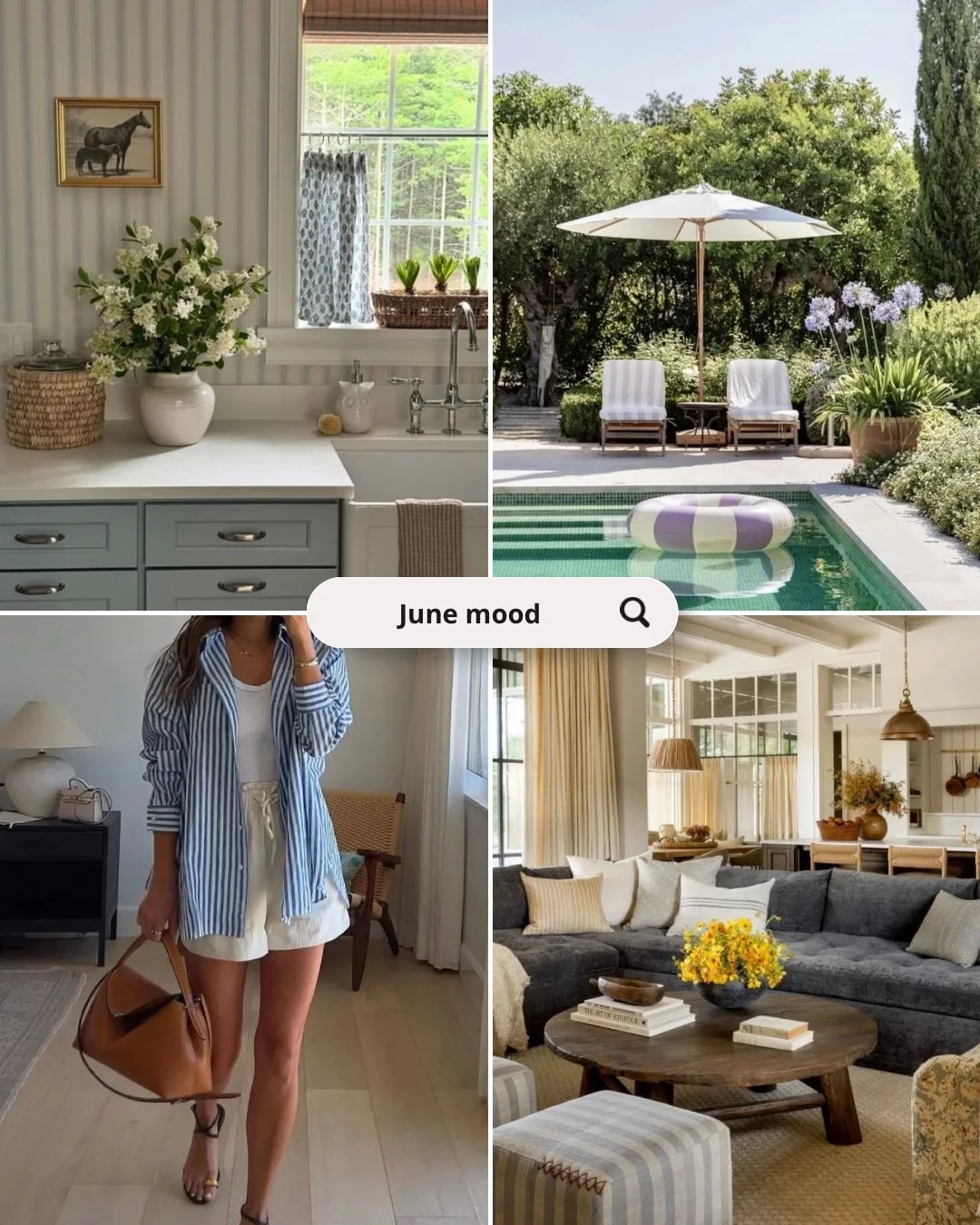 June moodboards for this month are all about fun, lingering outdoors, slowing down, cool blues and greens and casual outfits layered for warm weather and breezy nights.

It feels like the unofficial start of summer with school out, vacays (we just bo