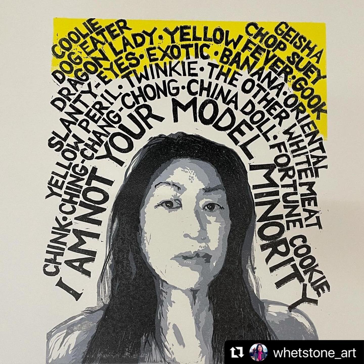 Sharing work today by Sandy Fong Whetstone @whetstone_art 

From original caption:
・・・
WIP &ldquo;I Am Not Your Model Minority&rdquo; self portrait 5 color 4 block linocut

#Iamnotyourmodelminority #linocuts #linocut #linocutprints #stopasianhate #as