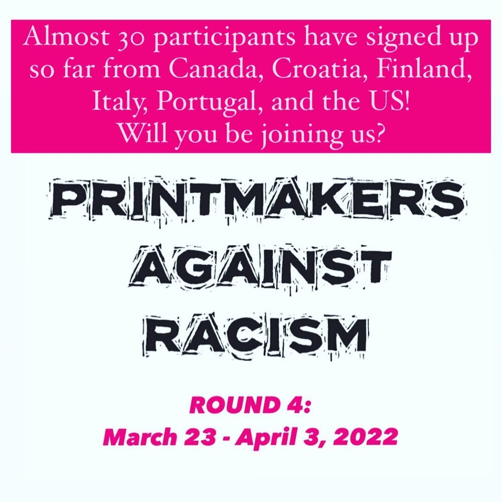 Will you be joining us for the 4th round of #PrintmakersAgainstRacism? This event is a global virtual art sale to support the fight for racial justice. 

We start next week!
MARCH 23 - APRIL 3, 2022. 

✍🏽SIGN UP, FAQs in link in profile☝🏽
👉🏽SHARE