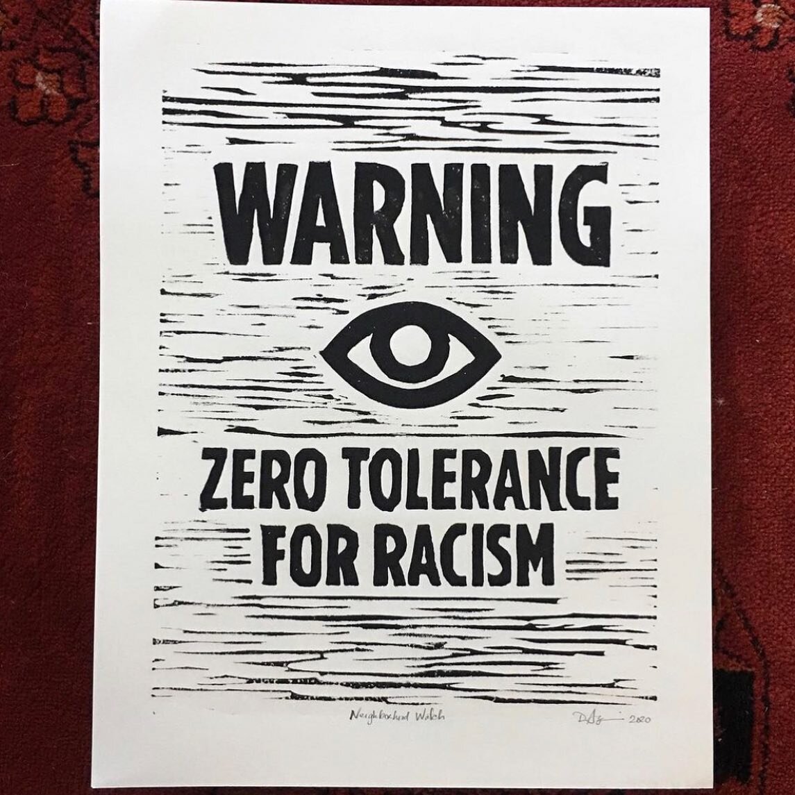 I will be authentic and say I have not had the capacity to make new pieces this week as I intended, so I am offering these for this round of #printmakersagainstracism. 

The &ldquo;Neighborhood Watch&rdquo; linocut print is 11 x 14 inches - $30 each.