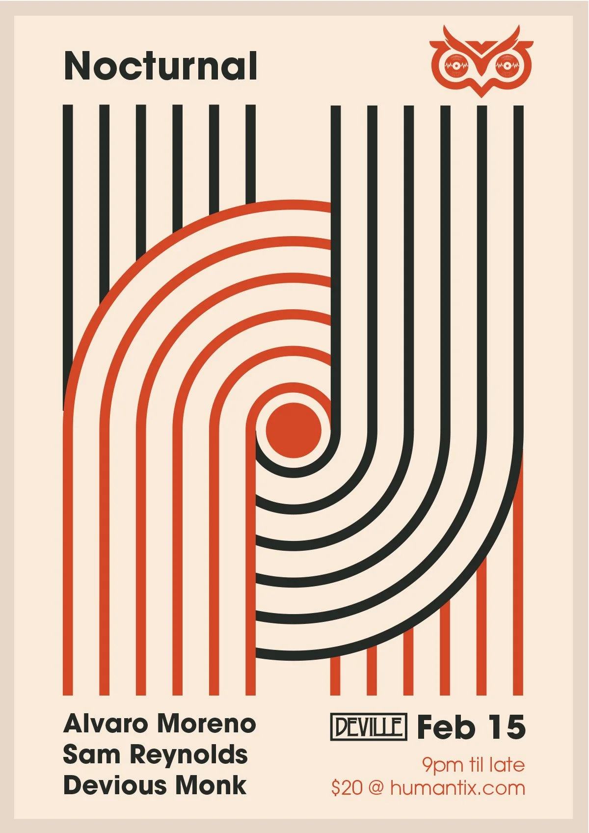 Event poster for a Nocturnal music night featuring Alvaro Moreno, Sam Reynolds, and Devious Monk at Devil's venue on February 15, from 9 pm until late, costing $20 at humanxtix.com. The poster has black and red lines creating a stylized owl logo at the top right corner.