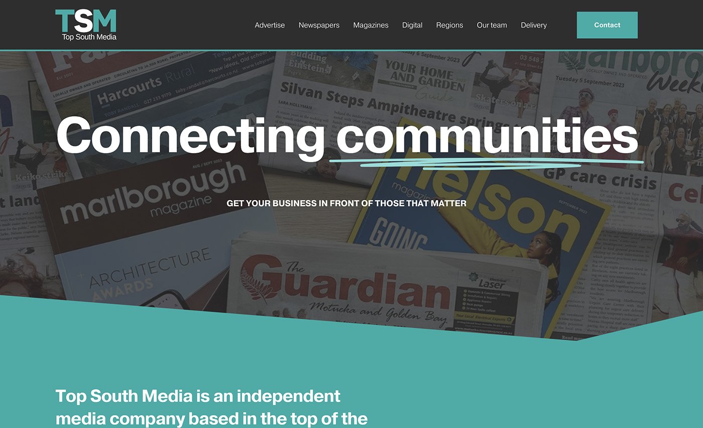 Screenshot of Top South Media website homepage featuring the company's logo, navigation menu, and a background collage of newspapers and magazines.