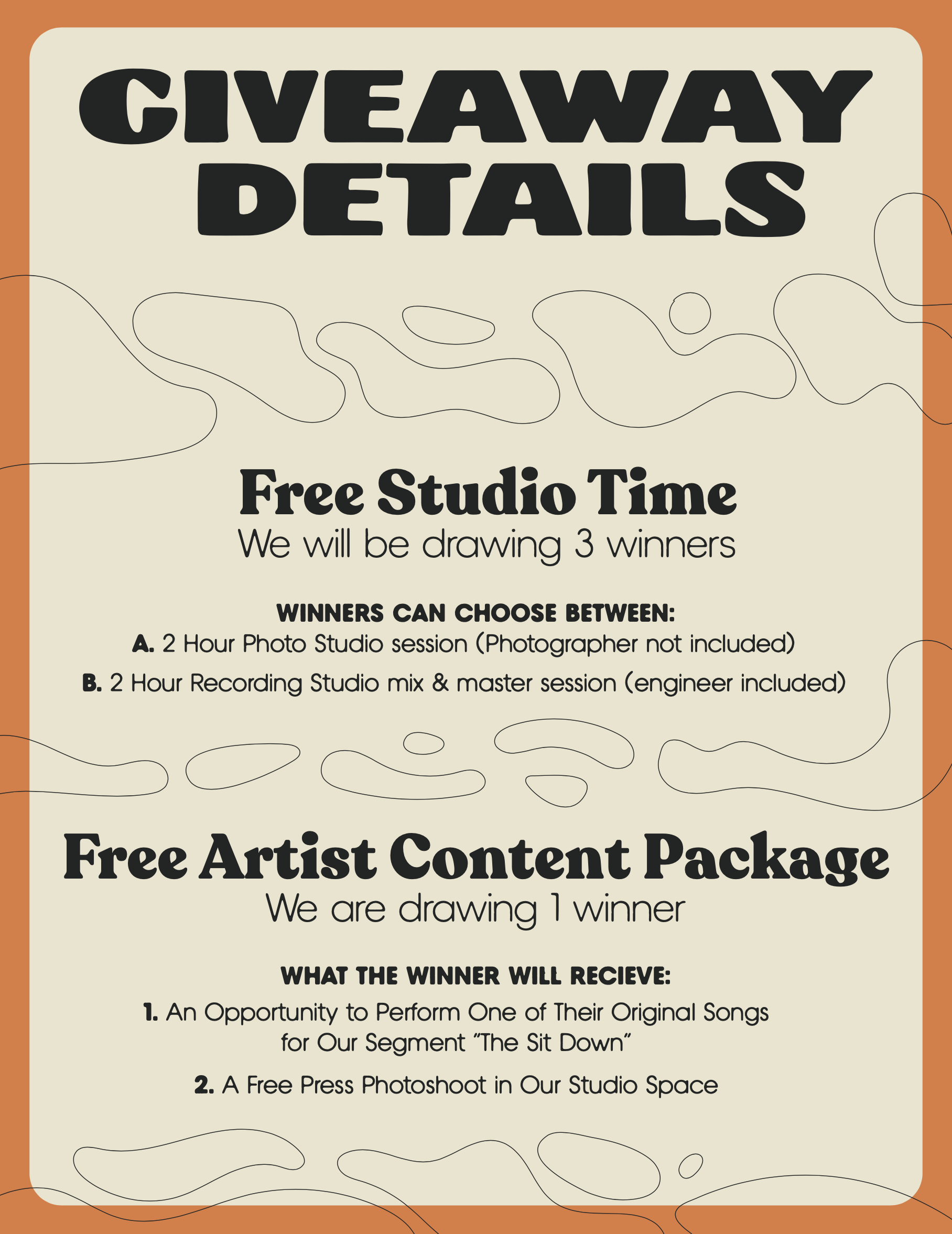 A promotional poster for a giveaway including details about free studio time and art content package, with instructions for winners, and decorative abstract lines and color borders.