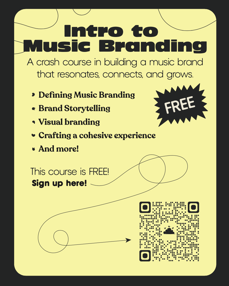 Yellow flyer for an introductory music branding course, offering free content on defining music branding, brand storytelling, visual branding, and creating a cohesive experience, with a QR code for sign-up.