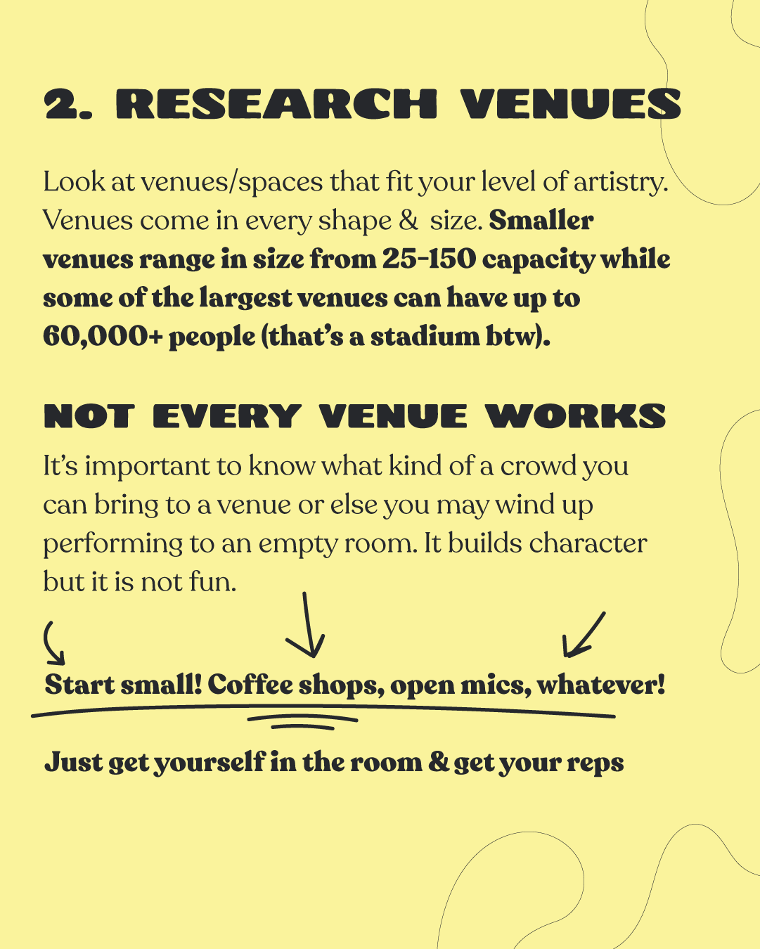 A yellow page with black bold and regular text, titled '2. Research Venues'. It discusses selecting venues based on size, audience, and purpose, and includes tips like starting small with coffee shops and open mic nights, and getting into the room to perform.