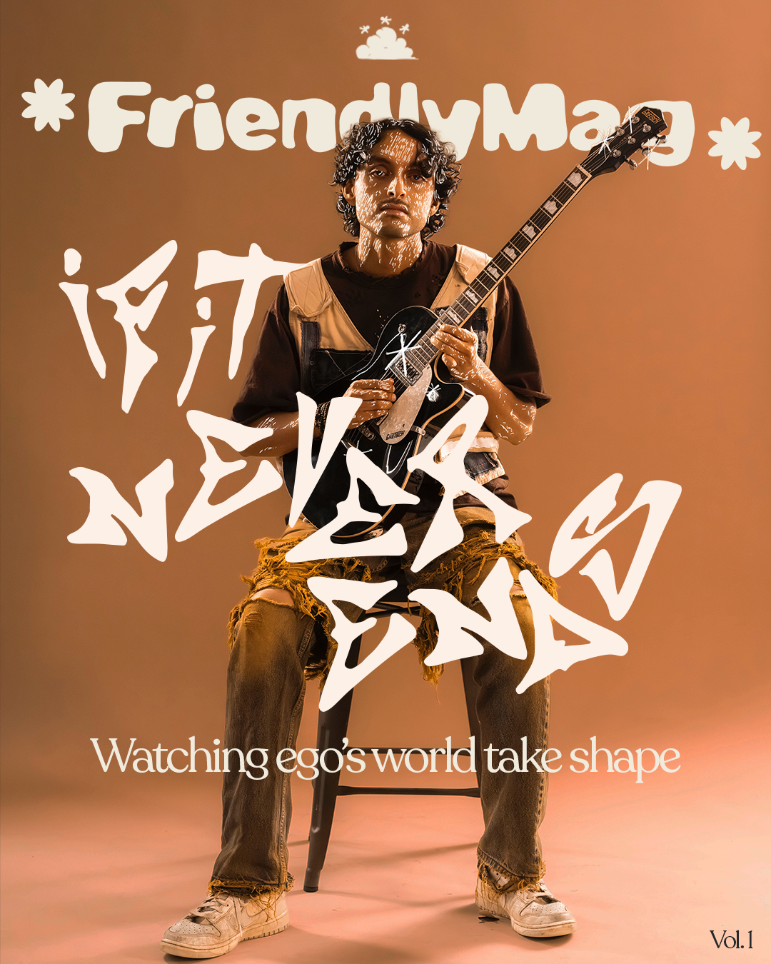 A young man sitting on a chair holding a guitar, wearing ripped jeans and a layered outfit, with a backdrop featuring stylized text and a small cloud graphic over a gradient background.