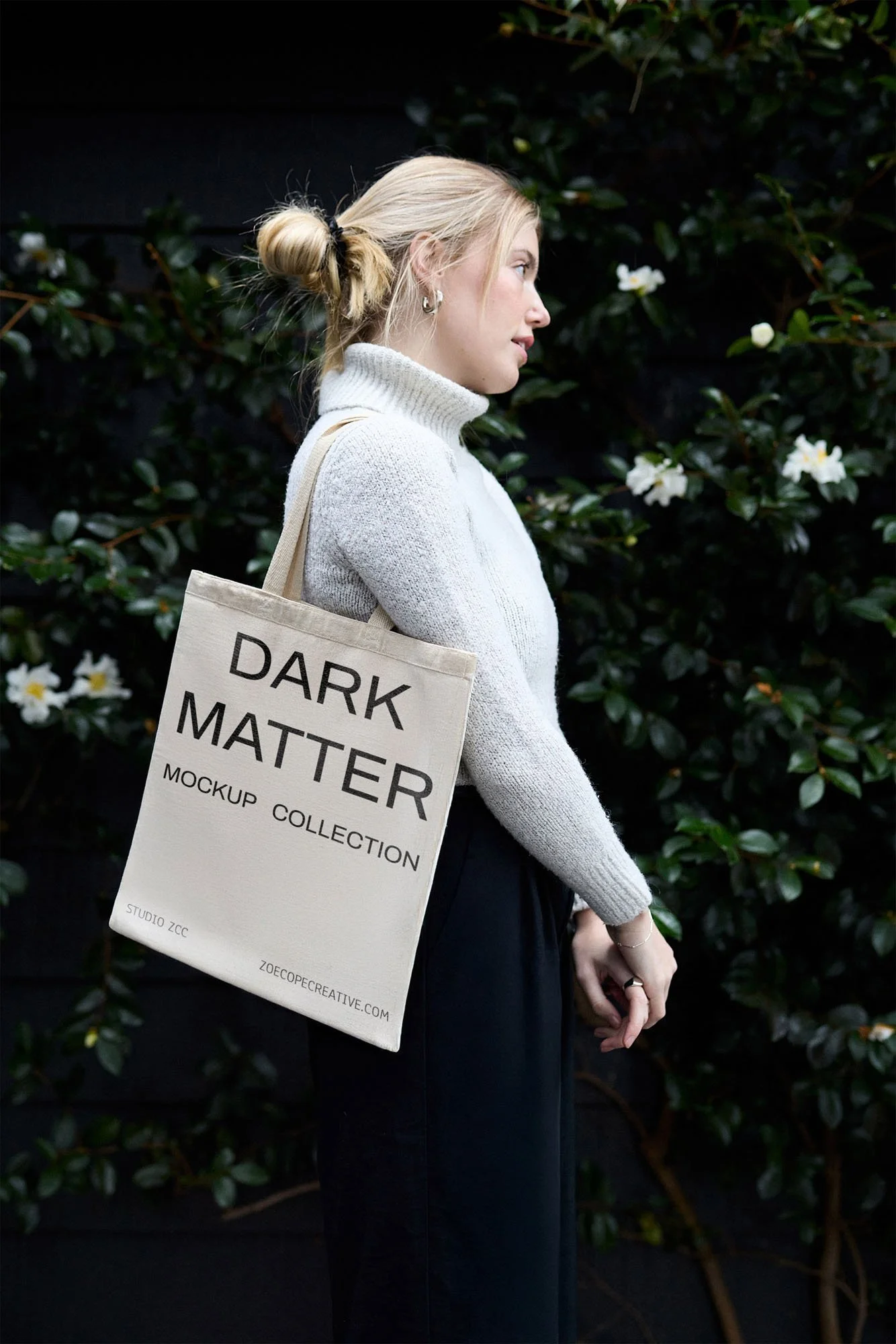 DM Tote with Model Outside Mockup