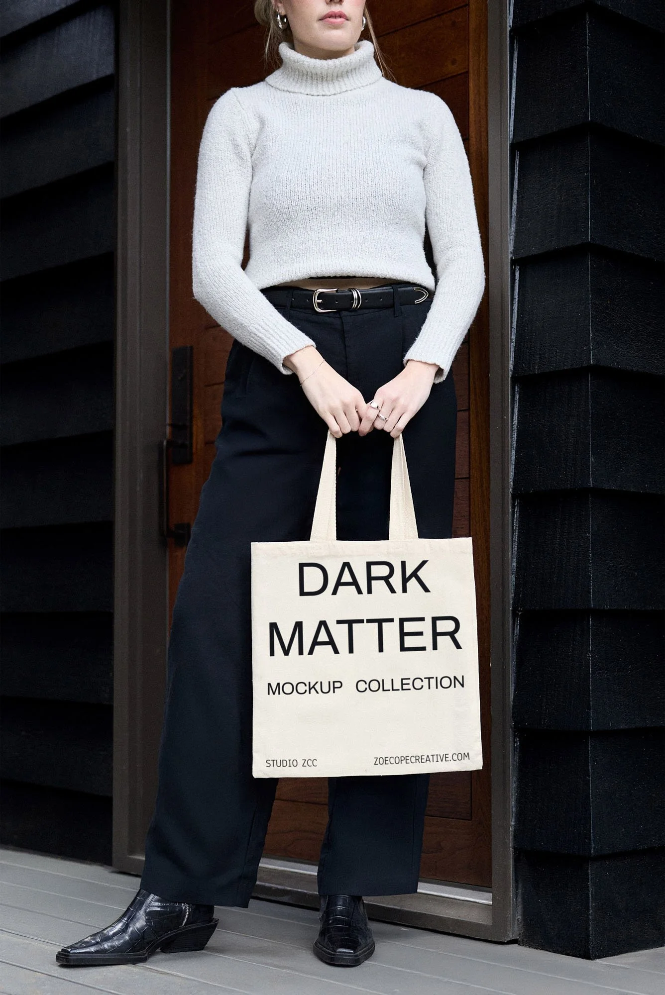DM Tote with Model at Doorway Mockup