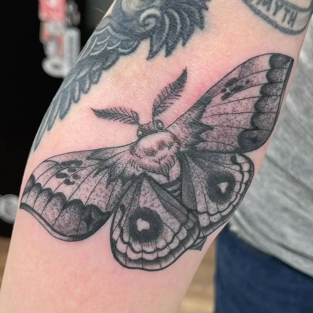 Need an appointment? ☎️ Call 410-276-1300 ☎️ Insta messages checked twice a year (maybe)... Appointments @saintsandsinnerstattoo 
.
#tattoo #baltimore  #traditiontattoo #tattooed #tattooer #tradtattoos #blackandgreytattoo #mothtattoo