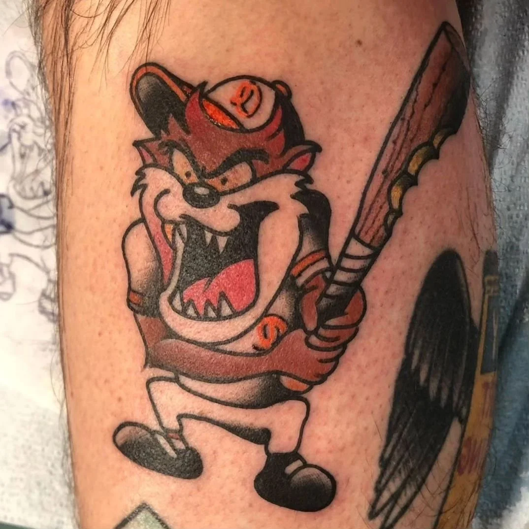 Need an appointment? Call 410-276-1300 Insta messages checked twice a year (maybe)... Appointments @saintsandsinnerstattoo 
.
#tattoo #baltimore #tazmaniandeviltattoo tattoo #traditiontattoo #tattooed #tattooer #tradtattoos #tazmaniadevil