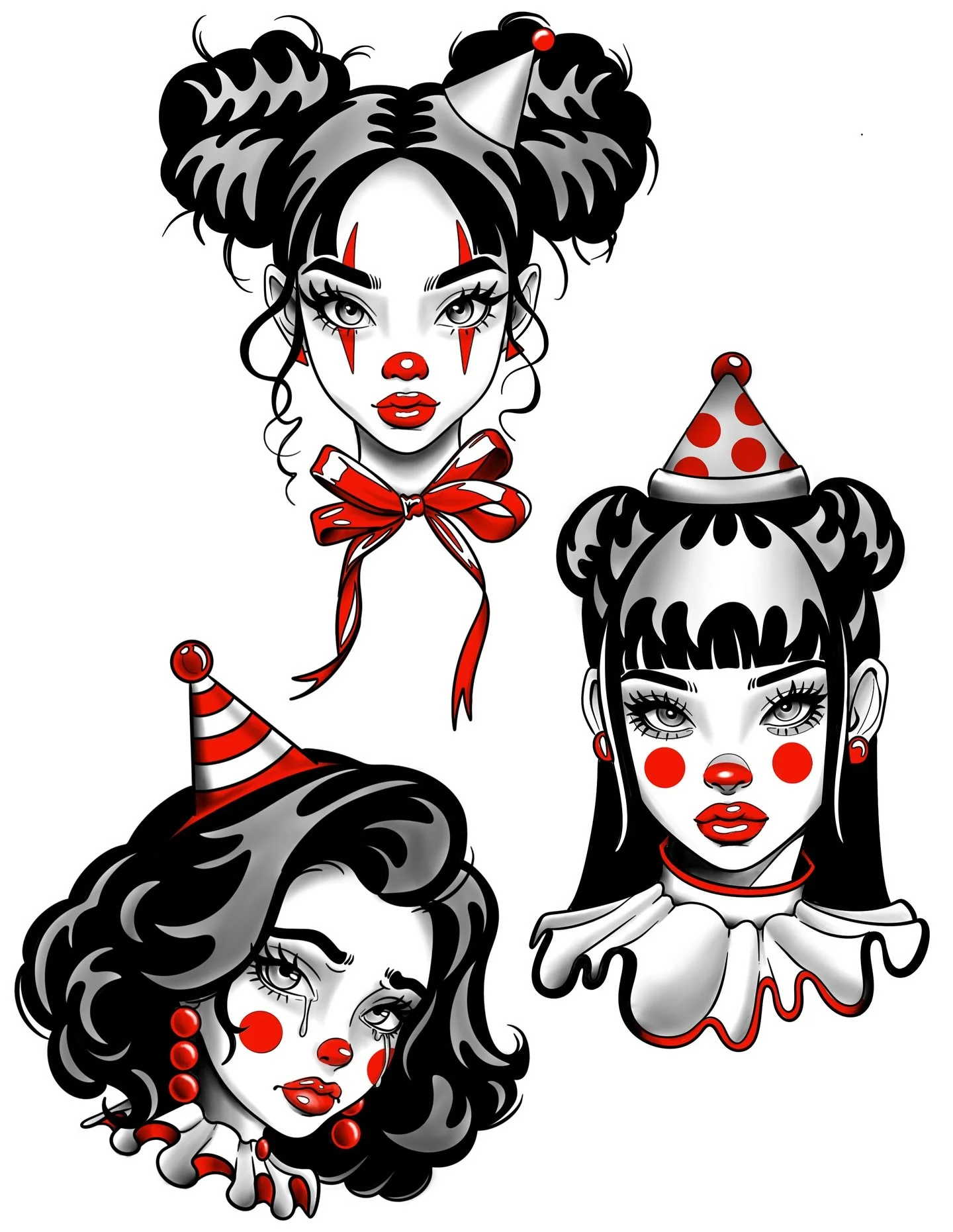 ✨FLASH✨ 
Every once in a while I get inspired by a specific custom request and this is a prime example. As soon as I finished my sad clown girl I knew I had to draw more in that style. Check it out on my page for what these will look like finished. 
