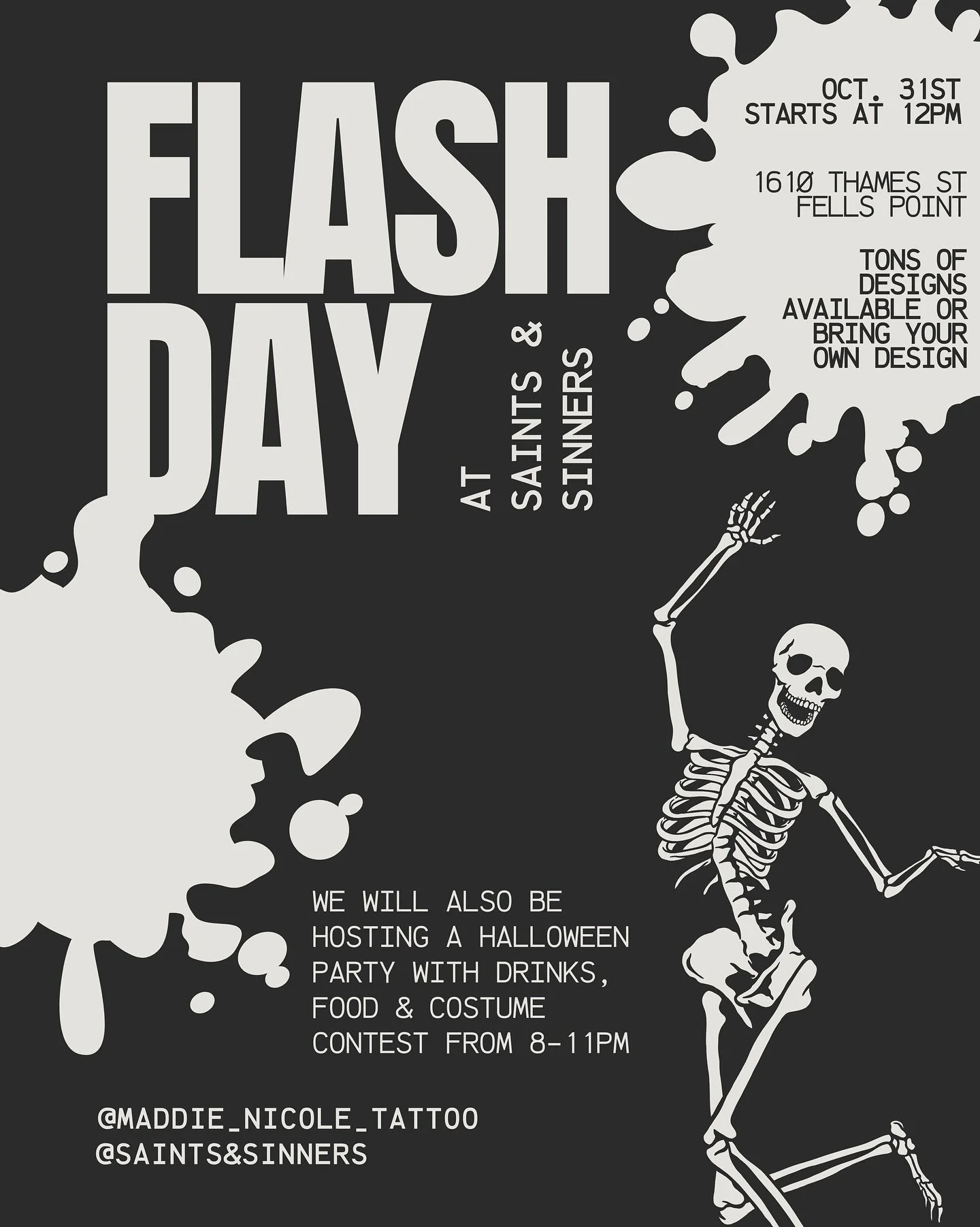 🎃FLASH DAY🎃
October 31st @ 12pm
@saintsandsinnerstattoo 

Tons of spooky designs available or bring your own design!

We will also be having an after hours party starting at 8pm. 

Come hang!