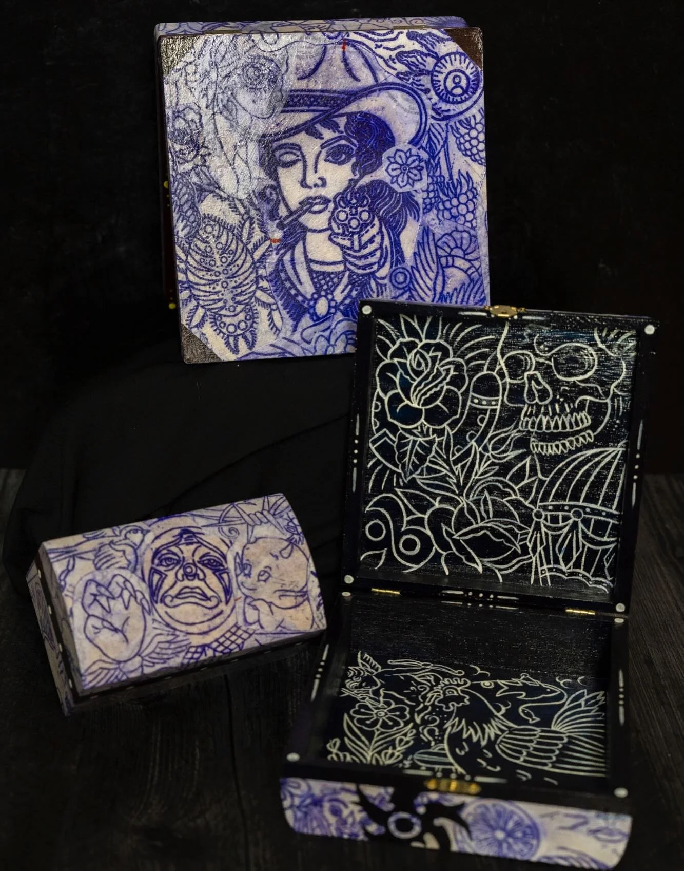 So excited to share these with yall! Made up of stencils from your guys amazing tats from last year as well as other medias on wooden boxes. Thank you for looking, thank you for coming and getting tattooed, sending much love in a time where we all co