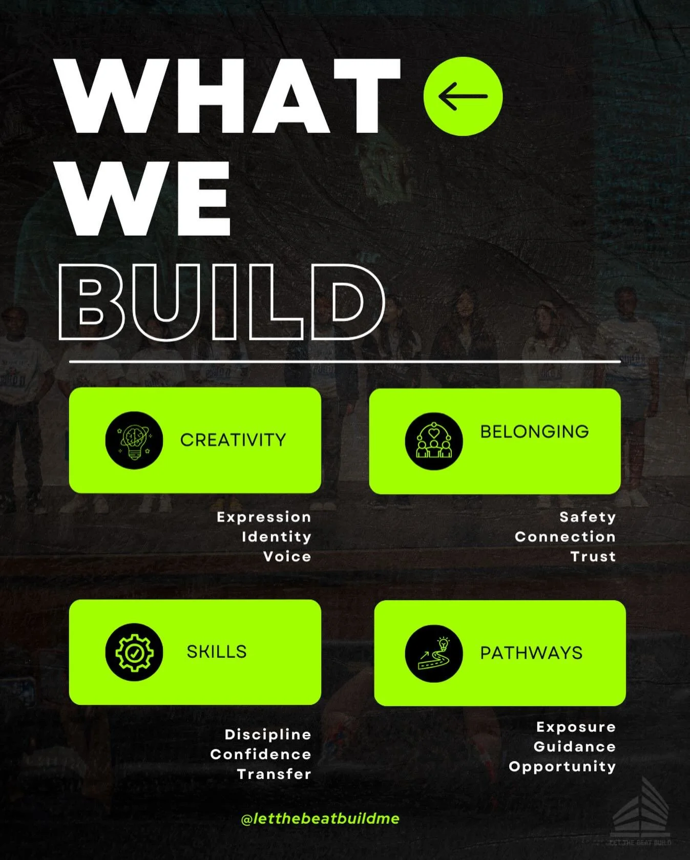 This is what we build.

Not just programs, but conditions where young people can actually grow.

Creativity gives youth a way to express who they are.
Belonging creates safety, trust, and connection.

Skills build confidence that transfers beyond the