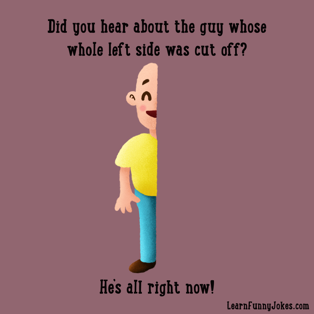 Did you hear about the guy whose whole left side was cut off? He's all  right now! — Learn Funny Jokes