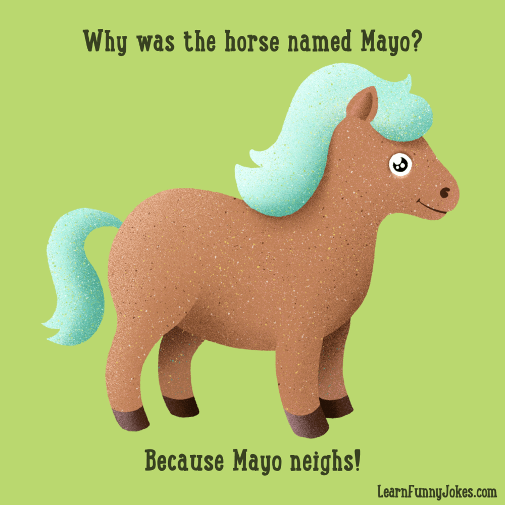 Why was the horse named Mayo? Because Mayo neighs! Animal jokes and food  jokes — Learn Funny Jokes