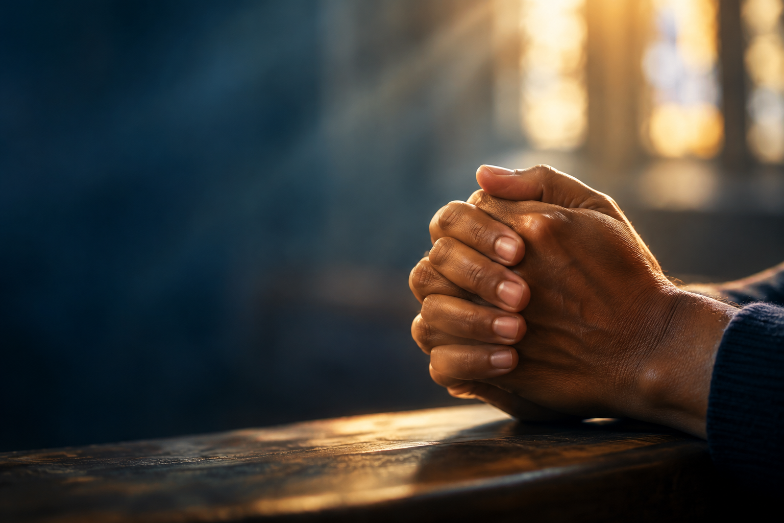 Hands gently folded in prayer in warm light