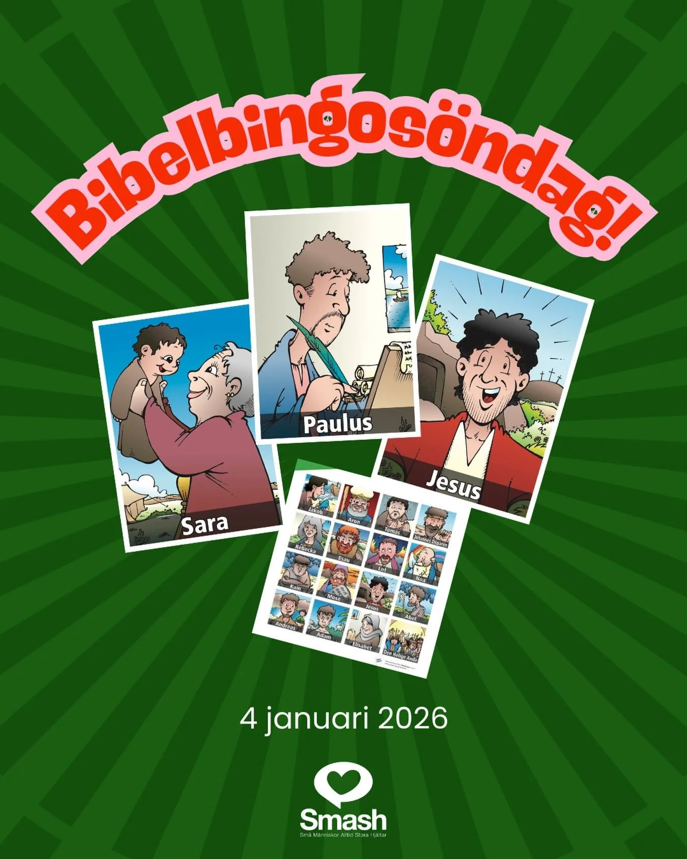 Vi b&ouml;rjar nya &aring;ret p&aring; Smash med Bibelbingos&ouml;ndag! 🔥

F&ouml;rskolebarnen samlas i Karlberg och skolbarnen i Birka. Incheckning fr&aring;n kl 10.40. 
Korv och fika serveras p&aring; entr&eacute;plan efter Smash och gudstj&auml;n