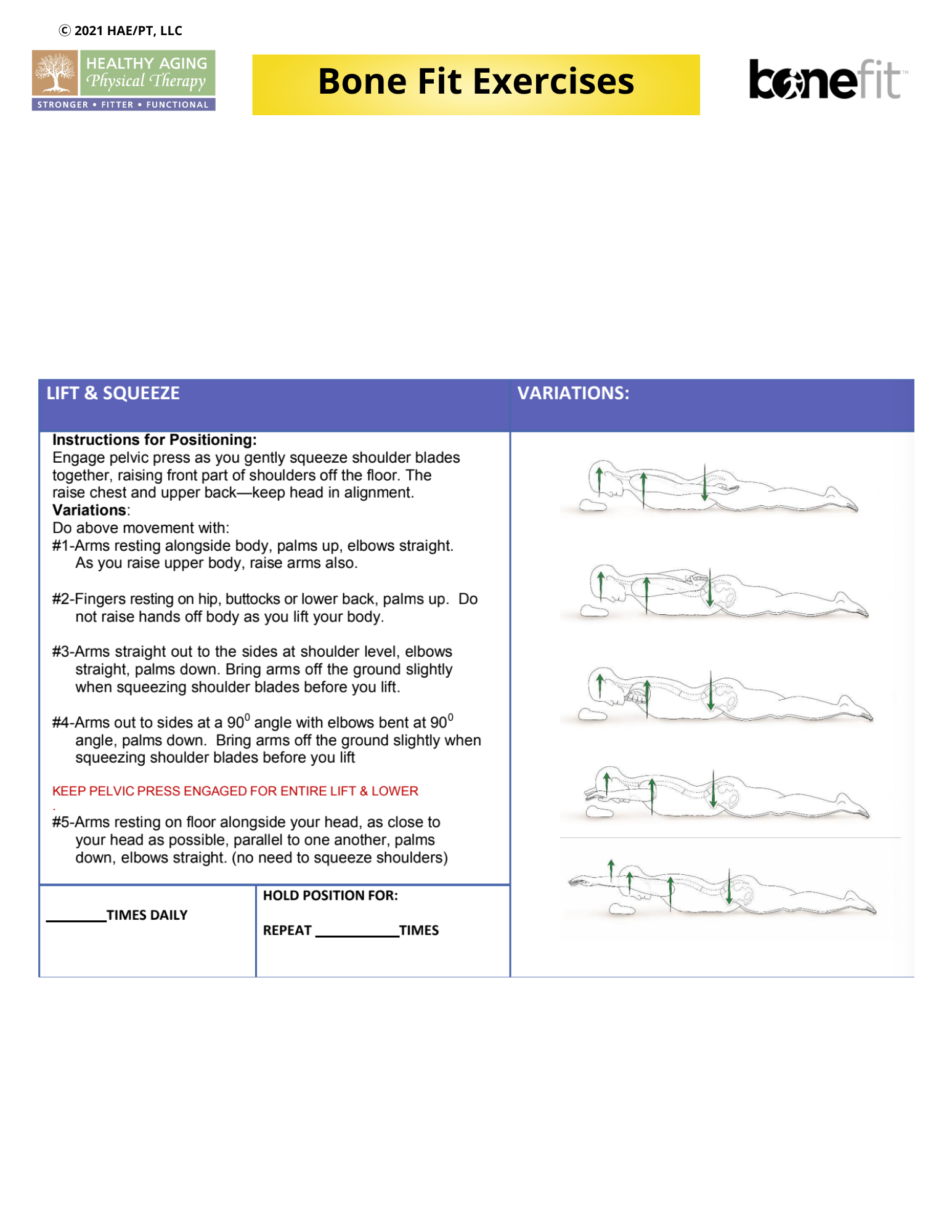 Instructional guide for "Bone Fit Exercises" from Healthy Aging Physical Therapy. Includes step-by-step "Lift & Squeeze" positioning and variations with illustrations. Exercises focus on engaging the pelvic press and squeezing shoulder blades. Five v