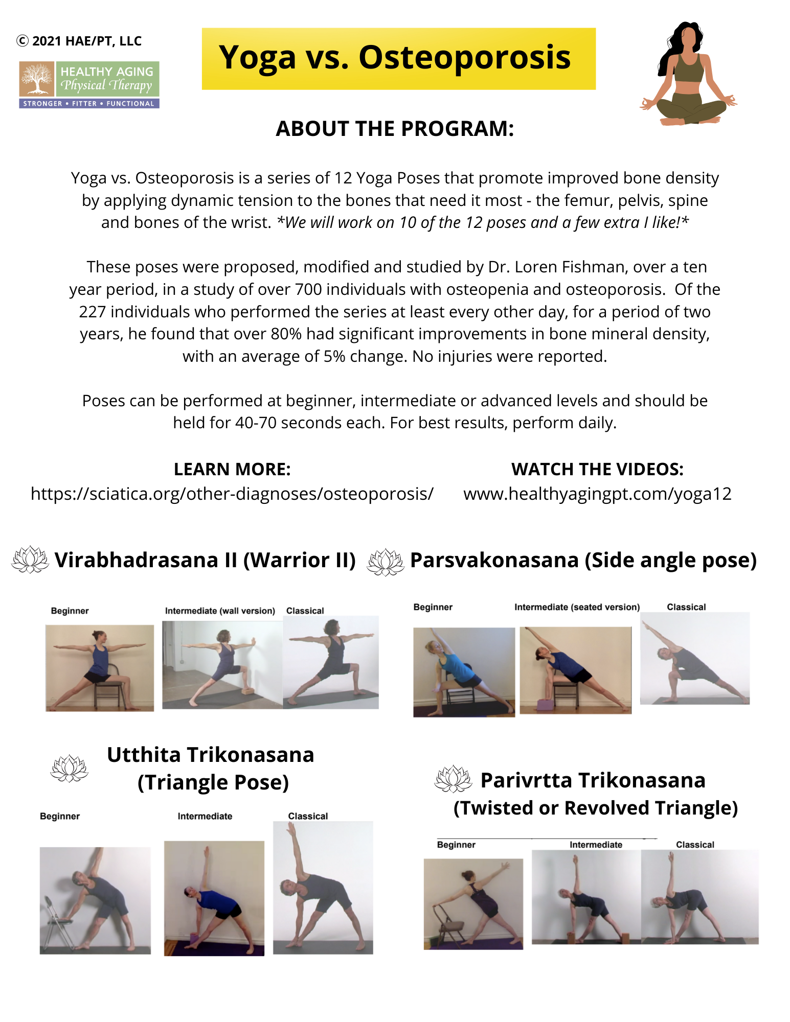 Informational flyer titled 'Yoga vs. Osteoporosis' by Healthy Aging Physical Therapy, detailing a yoga program for improving bone density. It includes a program overview, benefits, and instructions. Four yoga poses are shown: Virabhadrasana II, Parsvakonasana, Utthita Trikonasana, and Parivrtta Trikonasana, each with beginner, intermediate, and classical versions. Contact information and resource links are provided at the bottom.