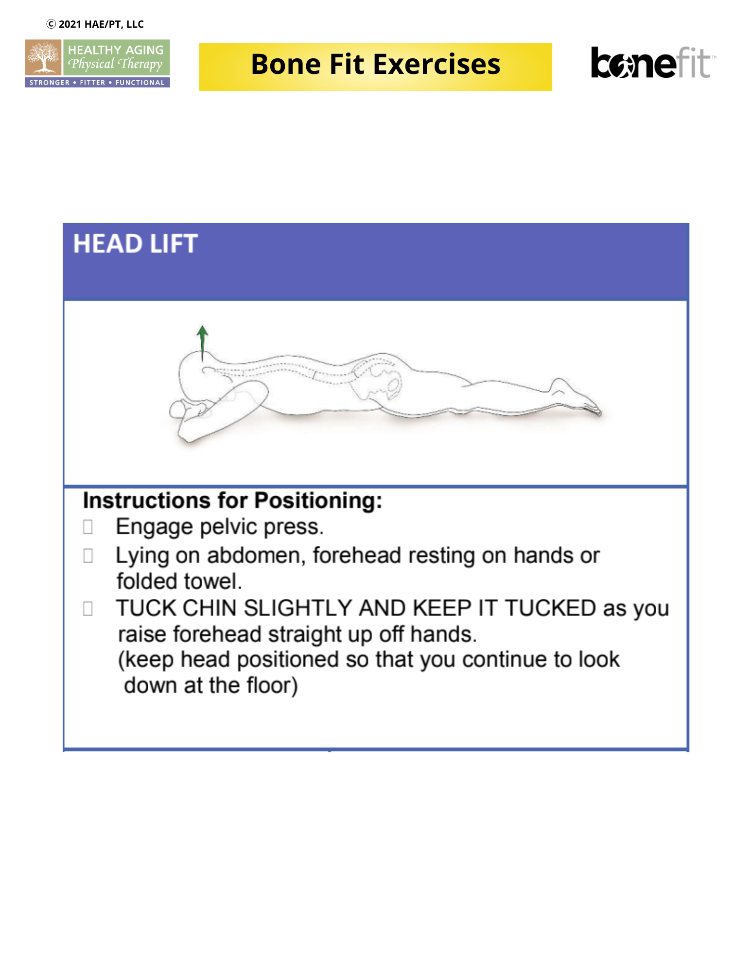 Exercise instructions for a head lift, showing a person lying on their abdomen with instructions to engage pelvic press, tuck chin, and lift forehead using hands or a folded towel.