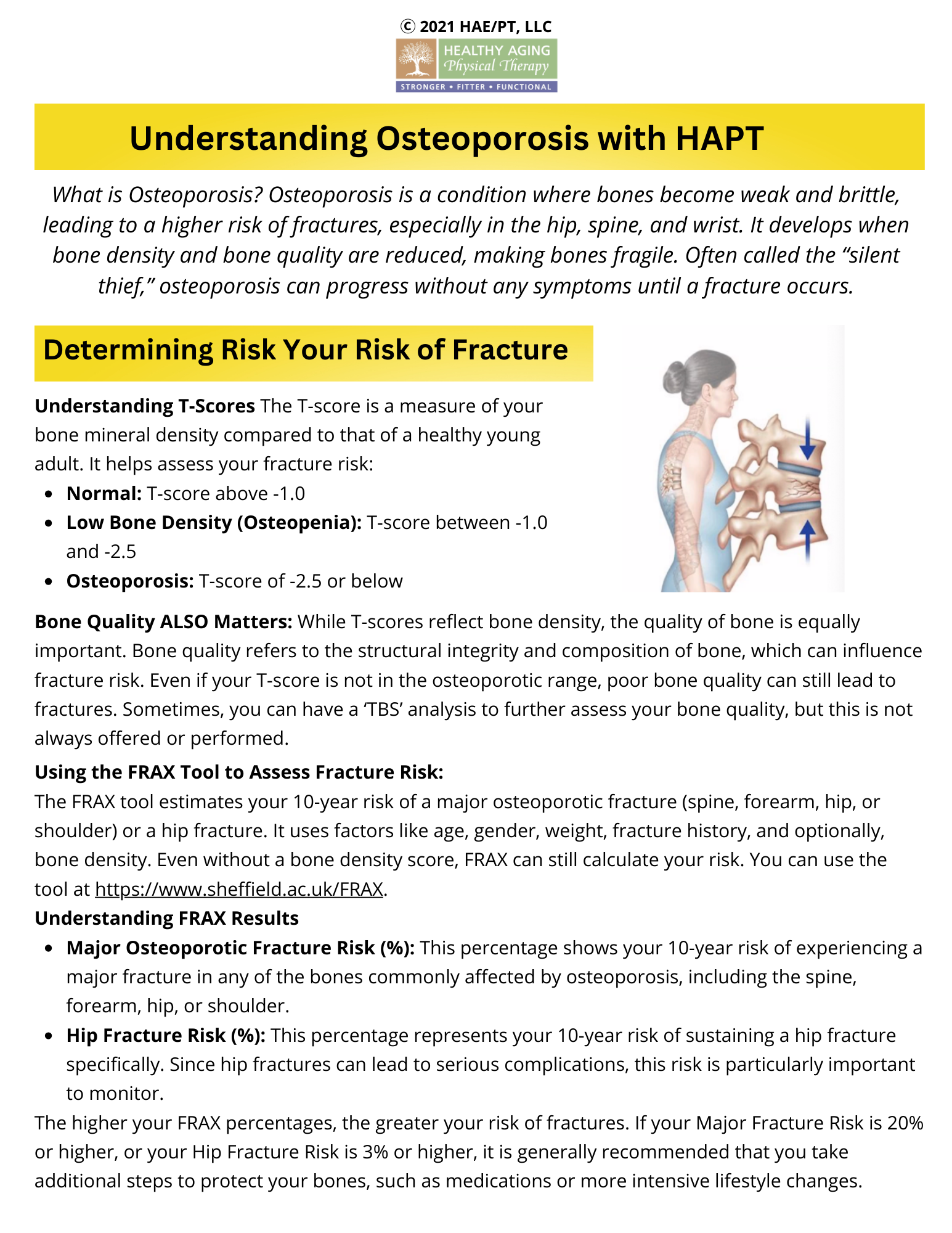 Informative poster titled 'Understanding Osteoporosis with HAPT' explaining that osteoporosis is a condition of weak and brittle bones, increasing fracture risk. It includes details on T-scores for bone mineral density and using the FRAX tool to asse
