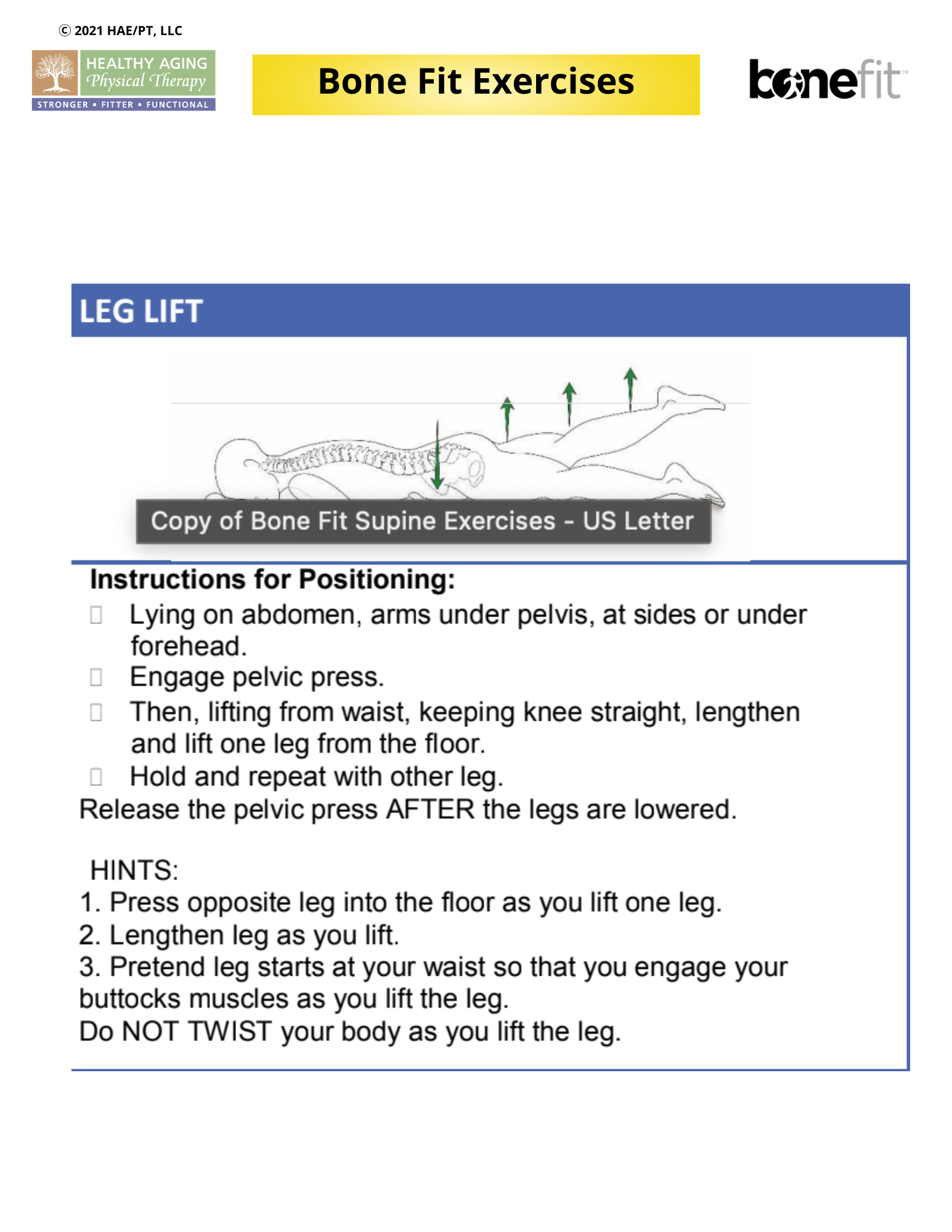 Instruction sheet for leg lift exercise, featuring a diagram of a person performing a leg lift, and step-by-step positioning tips. Includes hints for better execution, emphasizing pelvic engagement and avoiding body twisting.