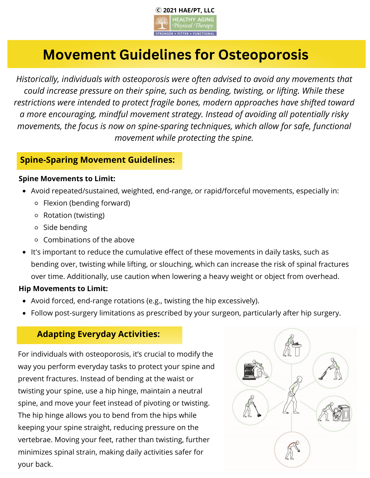 Infographic titled "Movement Guidelines for Osteoporosis" by Healthy Aging Physical Therapy. It emphasizes modern, spine-sparing techniques and provides guidelines on limiting spine and hip movements. Specific movements to limit include flexion, rota