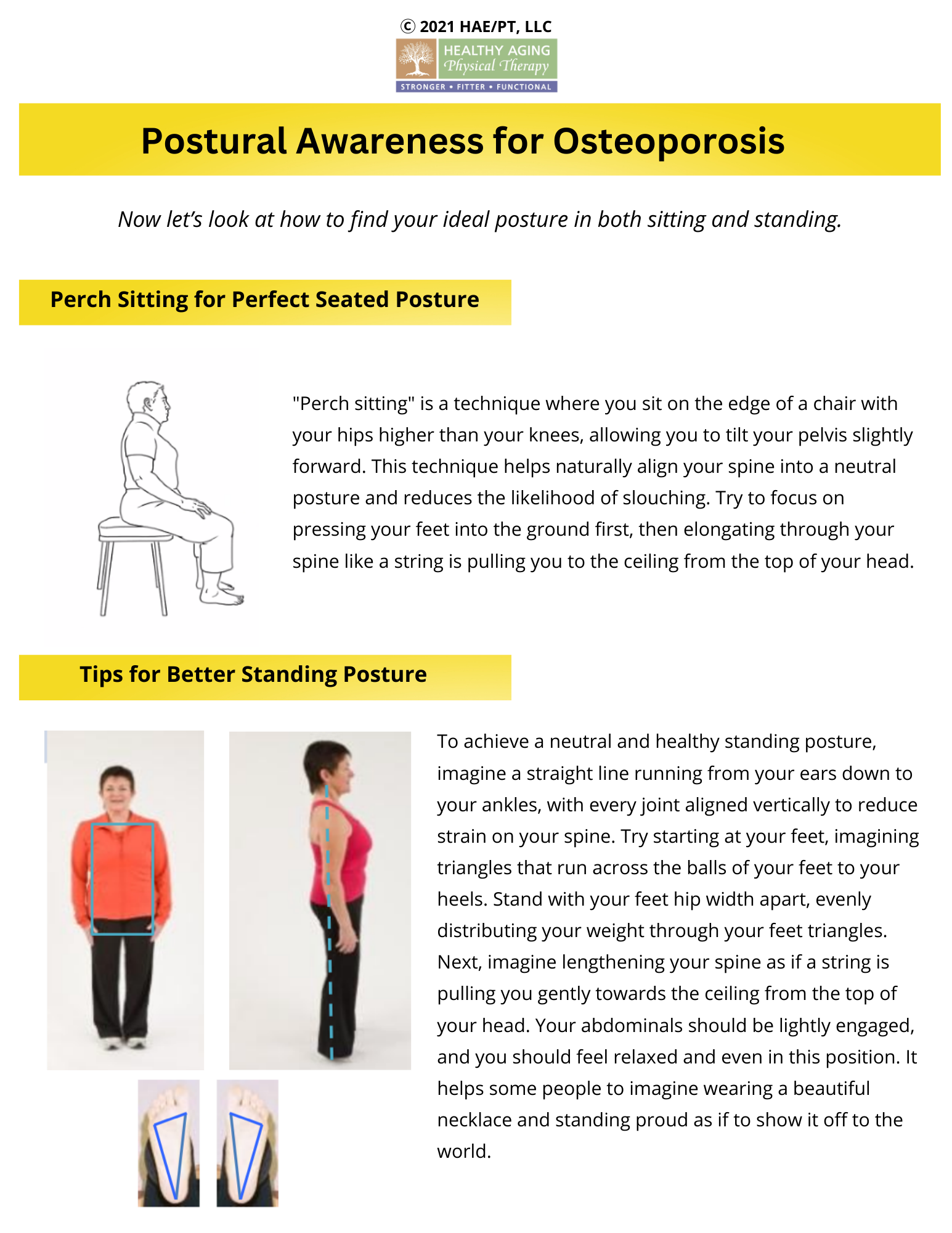 Infographic providing tips for posture to help with osteoporosis. Includes sections on 'Perch Sitting for Perfect Seated Posture' and 'Tips for Better Standing Posture' with illustrations and text instructions. Emphasizes proper sitting and standing 