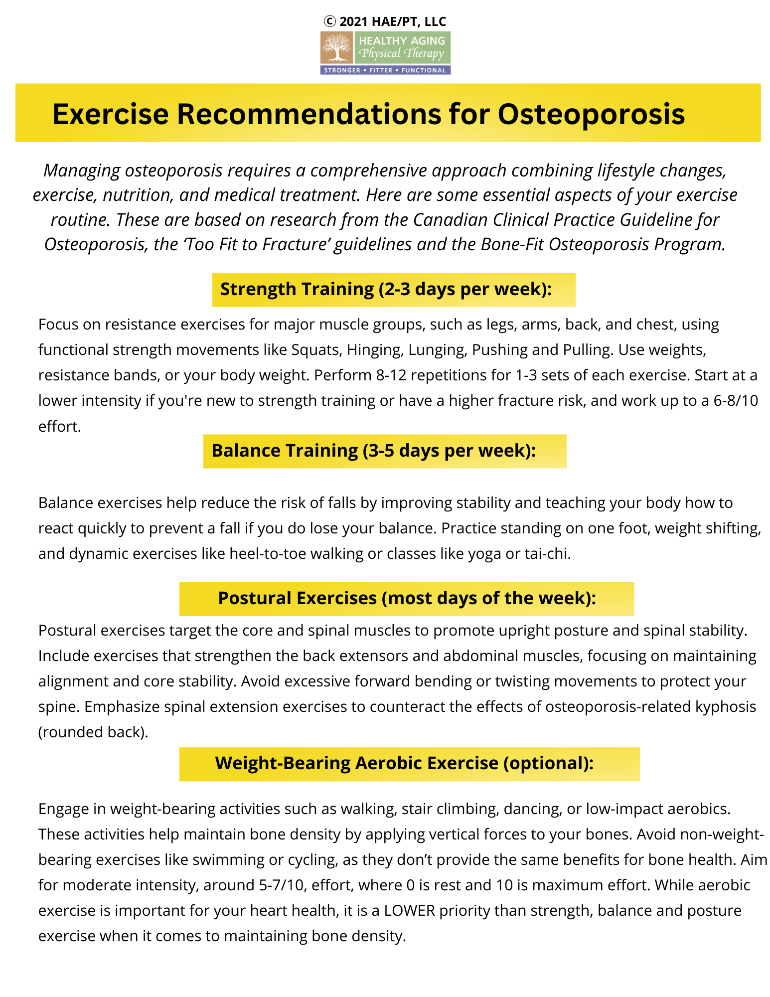 Exercise recommendations for osteoporosis, including strength training 2-3 days a week, balance training 3-5 days a week, postural exercises most days, and optional weight-bearing aerobic exercise. Emphasizes combining lifestyle changes, exercise, nu