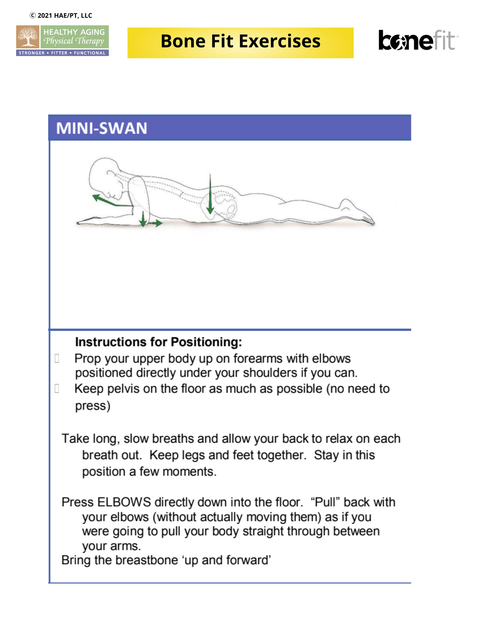 Bone Fit Exercises instructional diagram for the Mini-Swan position, detailing steps and posture guidance for healthy aging physical therapy.